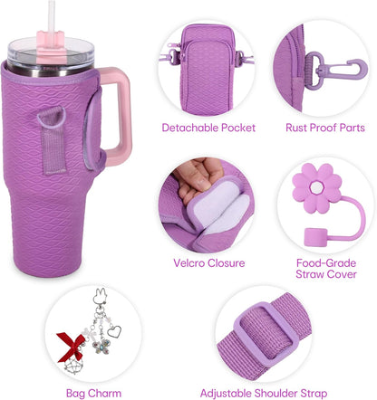&And Per Se Water Bottle Shoulder Bag with Phone Pocket, Compatible with Stanley 30oz Tumblers - Neoprene Carrier with Adjustable Strap & Charm Accessory (Black)