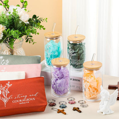 Fumete 4 Sets Christian Gifts for Women Church Gifts Set 16oz Bible Verse Glass Cup Religious Makeup Cosmetic Bags Prayer Tumbler Keychain for Study Group Sunday School God Teacher(Bright Morandi)