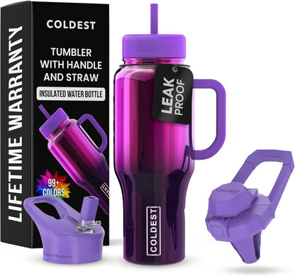 Coldest Tumbler with Handle and Straw - 100% Spill Proof Tumbler with Straw (3 Lids) - Stainless Steel Insulated Leakproof Tumblers for Women & Men - Cup Holder Friendly - 46 oz (Purple Nova) - Colors A