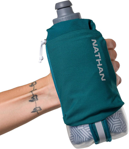 Nathan SpeedDraw 2 Insulated Handheld Running Water Bottle Flask 18oz – Double-Wall Insulation, Ergonomic Grip, Blast Valve Cap, Phone & Key Storage Pockets, Reflective Design