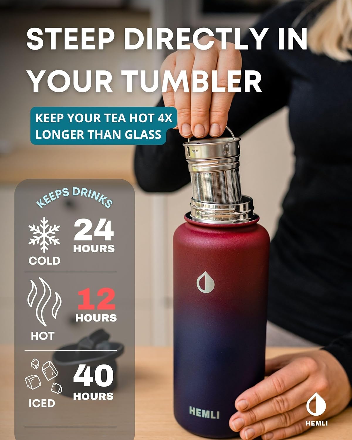 22 oz Ceramic Lined Tea Infuser Travel Tumbler, Micro-Mesh Stainless Steel Infuser, Pure Taste Ceramic Interior, Triple Insulated 12hr Hot Cold, Dual Sip & Straw Lid, Scratch-Resistant