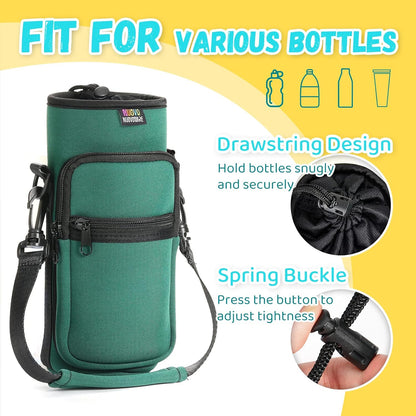 Nuovoware Water Bottle Carrier Bag,25oz/40oz/64oz Bottle Pouch Holder,Adjustable Shoulder Hand Strap 2 Pocket Sling Neoprene Sleeve Sports Accessories for Hiking Travelling Camping