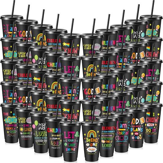 Uiifan 10 Pcs Christian Tumblers with Straws for Kids, Bible Verse Cups for VBS, Sunday School, Church Party Favors and Faith Gifts, Reusable Plastic Tumblers with Lids, 24 oz, White