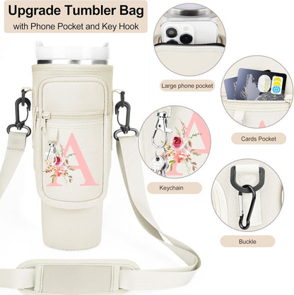 Initial Water Bottle Holder with Strap for Stanley Cup Accessories 40 oz/Simple Modern Tumbler, Birthdays for Women Girls, Water Bottle Carrier Bag with Phone Pocket,Hiking Walking Gym Camping