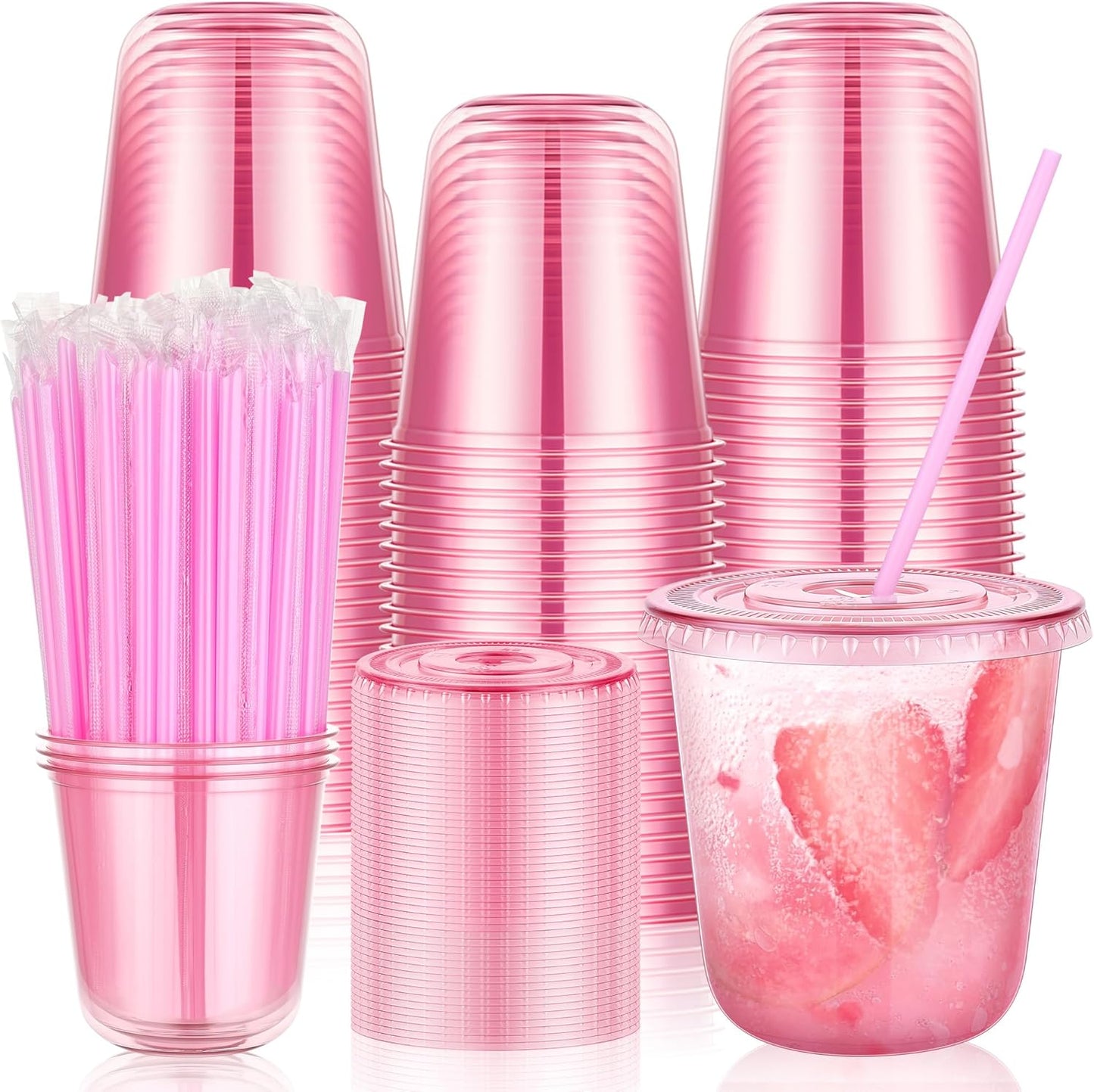 tchrules 100 Set 16oz Plastic Cups with Lids and Straws, Disposable Clear Iced Coffee Cup with Lid, Round Bottom Plastic To Go Cups for Cold Drinks Slushie Smoothie Lemonade Matcha Party Shop Supplies