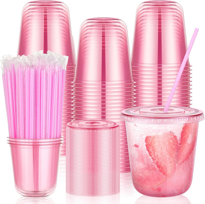 tchrules 100 Set 16oz Plastic Cups with Lids and Straws, Disposable Clear Iced Coffee Cup with Lid, Round Bottom Plastic To Go Cups for Cold Drinks Slushie Smoothie Lemonade Matcha Party Shop Supplies