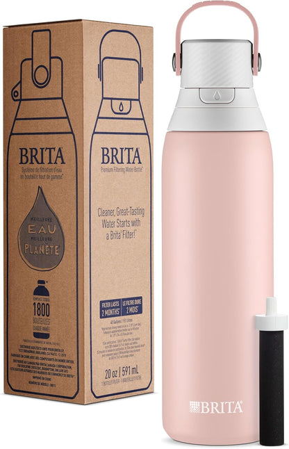 Brita Stainless Steel Premium Filtering Water Bottle, BPA-Free, Reusable, Insulated, Replaces 300 Plastic Water Bottles, Filter Lasts 2 Months or 40 Gallons, Includes 1 Filter, Glacier - 20 oz