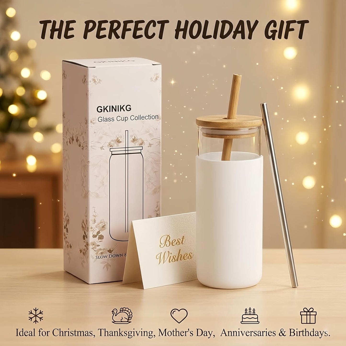 16oz Glass Tumbler with Lid and Straw, Thick Borosilicate Glass Iced Coffee Cup with Protective Silicone Sleeve, Car Cup Holder Friendly Reusable Smoothie Cup for Matcha Tea and Boba, Gift Box Ready