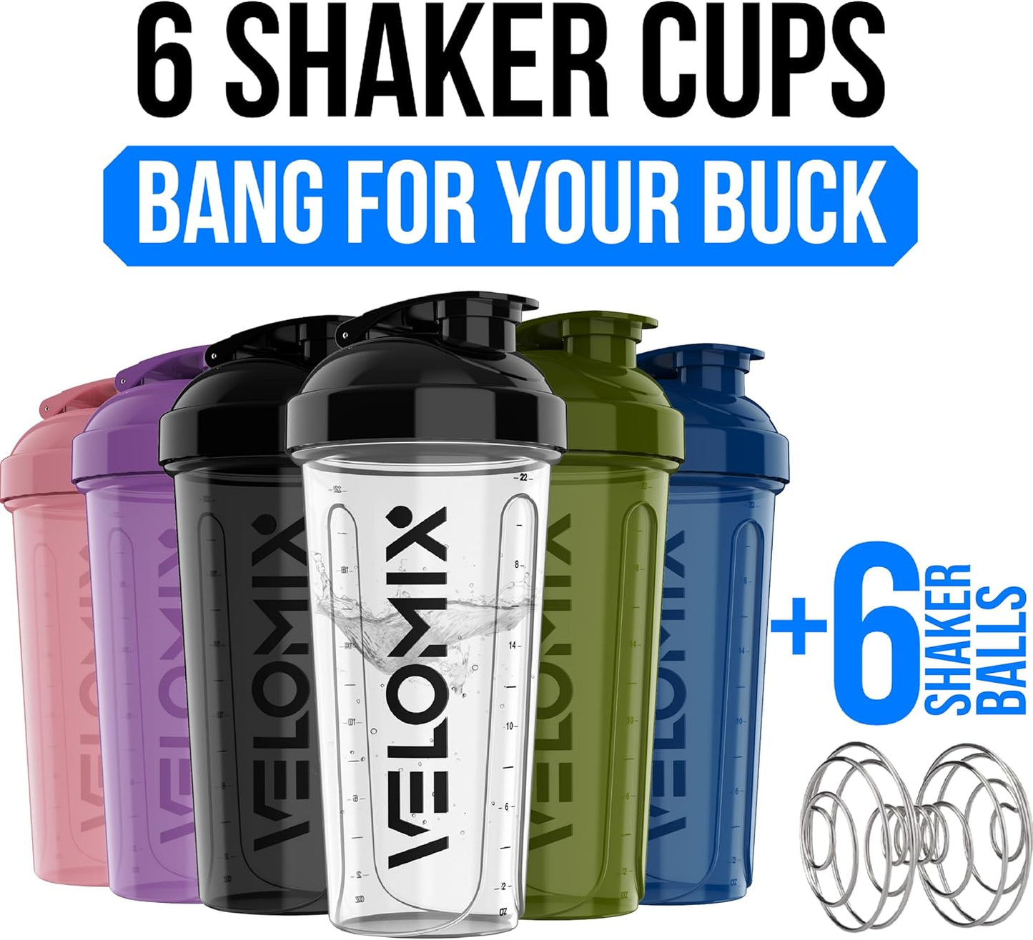 VELOMIX -6 PACK- 28 oz Protein Shaker Bottle for Protein Mixes -6x Wire Whisk | Leak Proof Shaker Cups for Protein Shakes | Large, Stackable Protein Shaker Bottle Pack