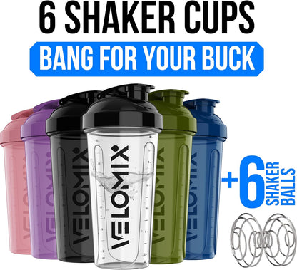 VELOMIX -6 PACK- 28 oz Protein Shaker Bottle for Protein Mixes -6x Wire Whisk | Leak Proof Shaker Cups for Protein Shakes | Large, Stackable Protein Shaker Bottle Pack