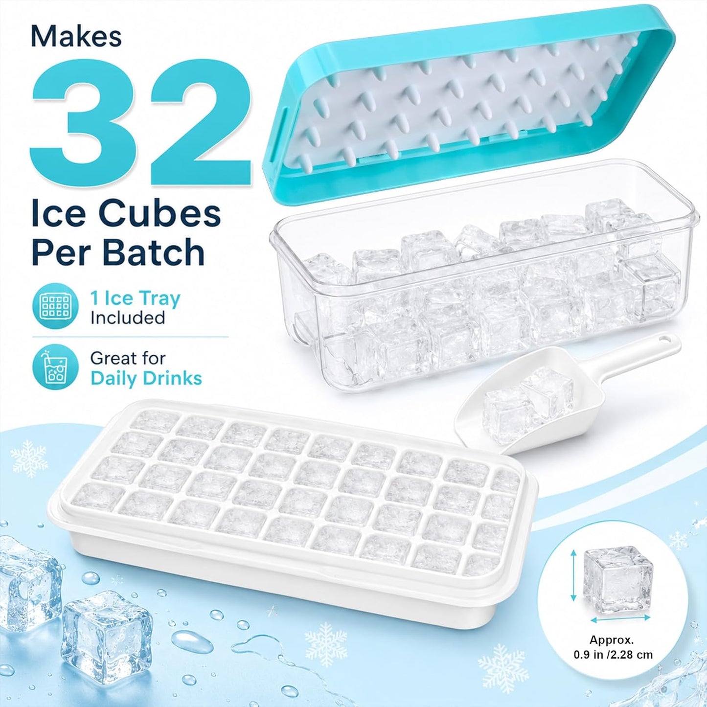 Ice Trays for Freezer with Lid & Bin, Ice Cube Tray Making 64 pcs Ice Cubes, Easy Press to Release Ice, Ice Tray with Storage Bin Chilling Cocktail Whiskey Coffee 2 Trays 1 Ice Bucket & Scoop (Black)