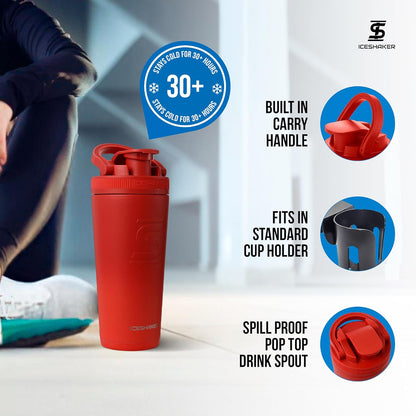 Ice Shaker Insulated Stainless Steel Shaker Bottle | 26oz, Black | Cold for 30+ Hours | Insulated Cup with Twist-on Agitator | Odor-Free Bottle for Protein Shakes, Water, Smoothies, Cocktails