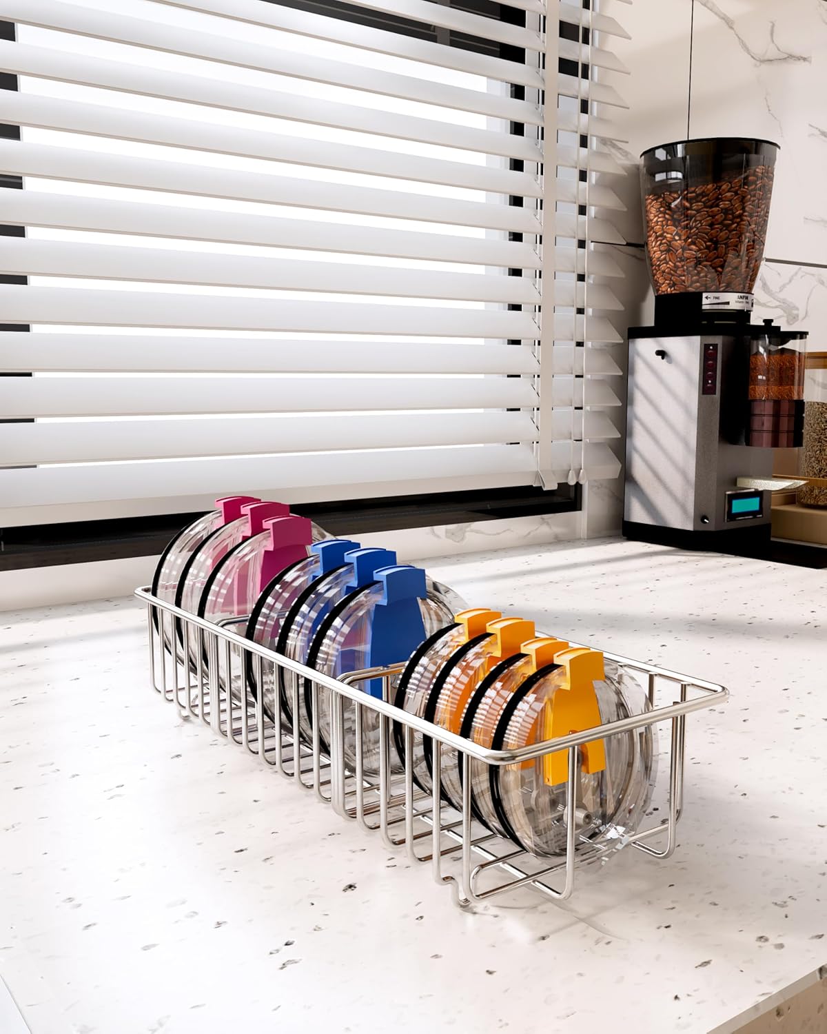 YQh tumbler lid organizer, Stainless Steel Kitchen Container Cover Holder, Cup Lid Organizer, Inner Tumbler Lid Storage Rack in Drawer, 3 Compartments, 304 Stainless Steel, Durable Non-Rusting