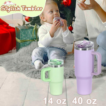 Cosictic 14 Oz Flip Straw Tumbler with Handle for Kids, Stainless Steel Double Wall Insulated Cup for Children with Flip Top Lid, 14 Oz Leak-proof Cups for Kids, Sky Blue and Purple
