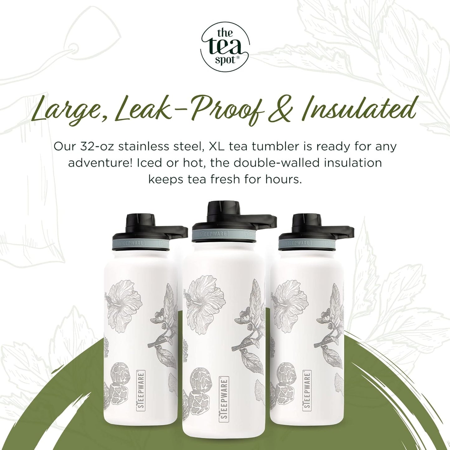 The Tea Spot Himalayan Tea Tumbler - Travel Bottle with Tea Infuser for Loose Leaf Tea or Iced Coffee - 32oz, White-Etched - Double-Walled Insulated Bottle - Keeps Drinks Hot & Cold for Hours