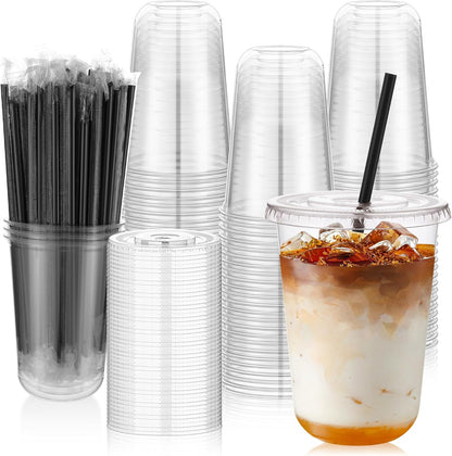 tchrules 100 Set 16oz Plastic Cups with Lids and Straws, Disposable Clear Iced Coffee Cup with Lid, Round Bottom Plastic To Go Cups for Cold Drinks Slushie Smoothie Lemonade Matcha Party Shop Supplies