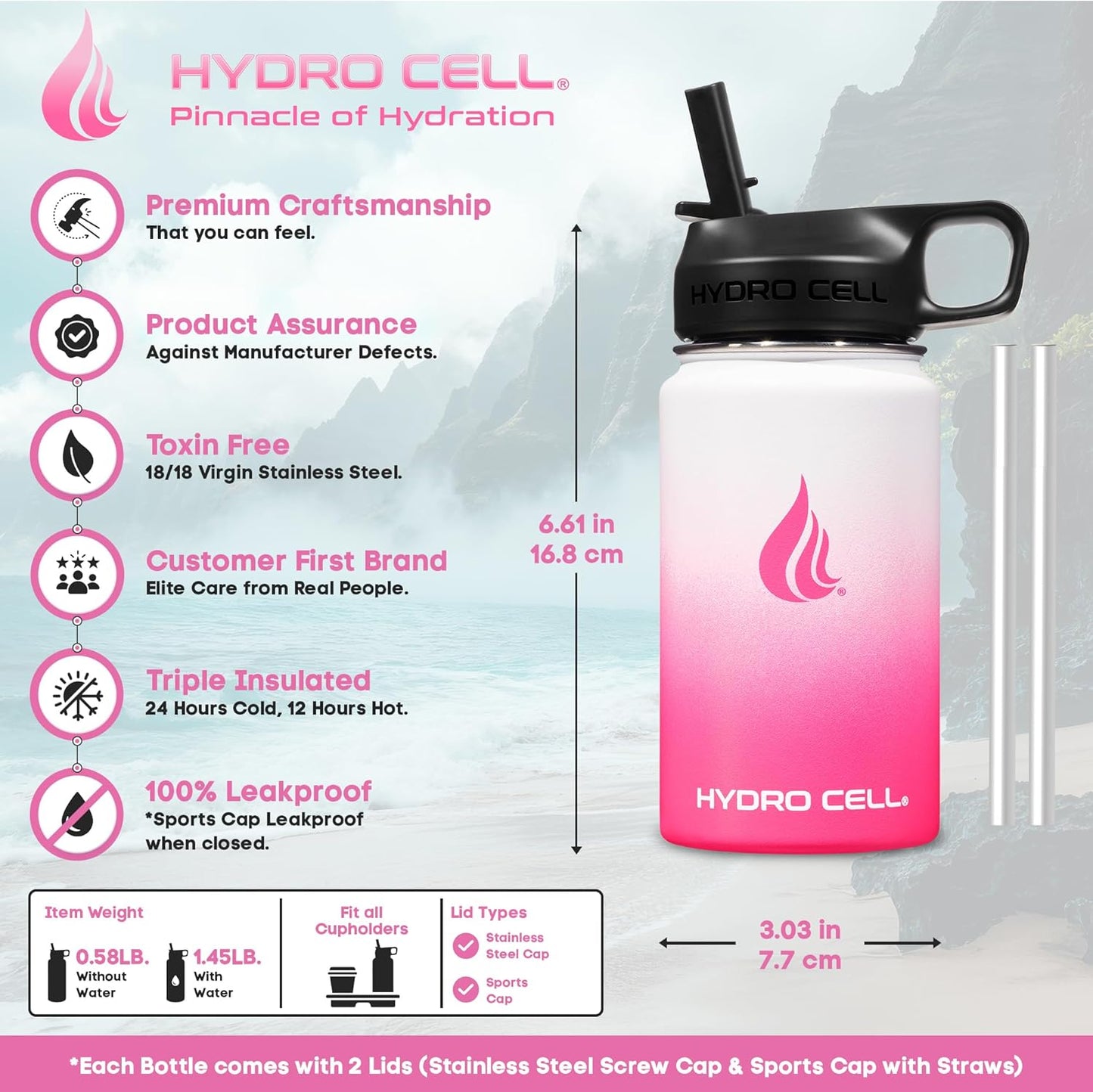 HYDRO CELL Stainless Steel Insulated Water Bottle with Straw - For Cold & Hot Drinks - Metal Vacuum Flask with Screw Cap and Modern Leakproof Sport Thermos for Adults (Neon 18oz)