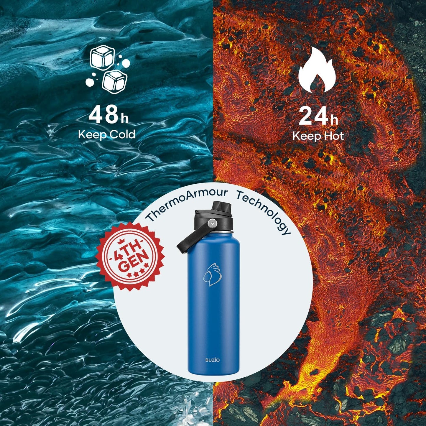 BUZIO 40oz Insulated Water Bottle, Triple Wall Vacuum Stainless Steel Water Flask with 2 lids, Lead-Free BPA-Free Straw Lid Sports Canteen Jug, Cold 48H & Hot 24H- Black - Colors B