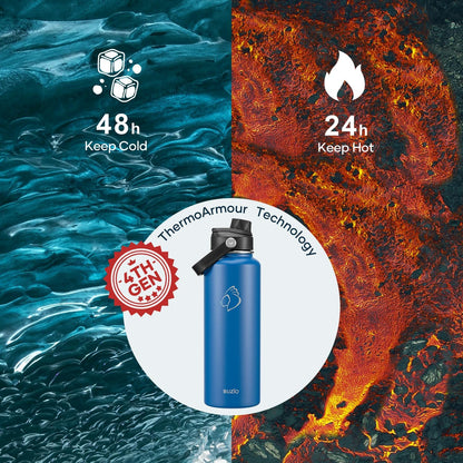 BUZIO 40oz Insulated Water Bottle, Triple Wall Vacuum Stainless Steel Water Flask with 2 lids, Lead-Free BPA-Free Straw Lid Sports Canteen Jug, Cold 48H & Hot 24H- Black - Colors B