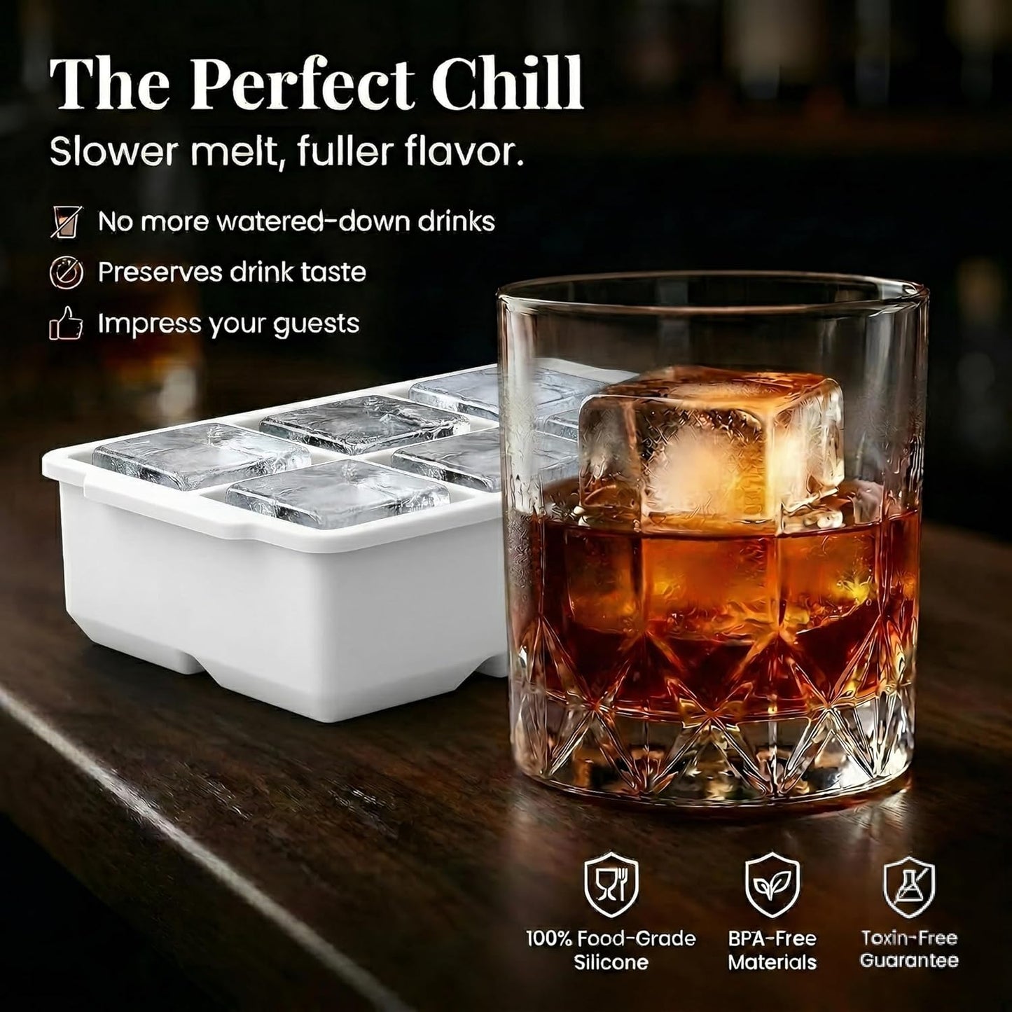 KitchFort Large Silicone Ice Cube Tray (2-Pack), Easy Release 2" Big Ice Cubes - Cocktail, Whiskey Ice Cubes Mold - Ice Trays for Freezer with Lid - Stackable Silicone Ice Tray - Black