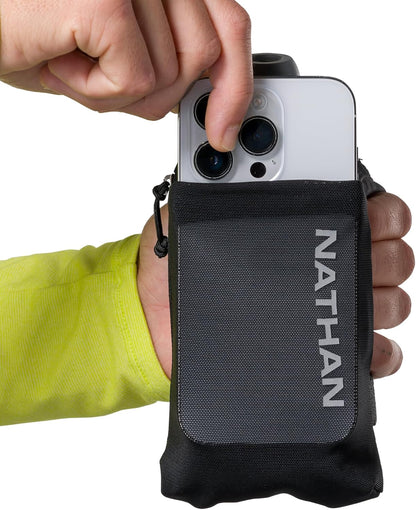 Nathan SpeedDraw 2 Insulated Handheld Running Water Bottle Flask 18oz – Double-Wall Insulation, Ergonomic Grip, Blast Valve Cap, Phone & Key Storage Pockets, Reflective Design