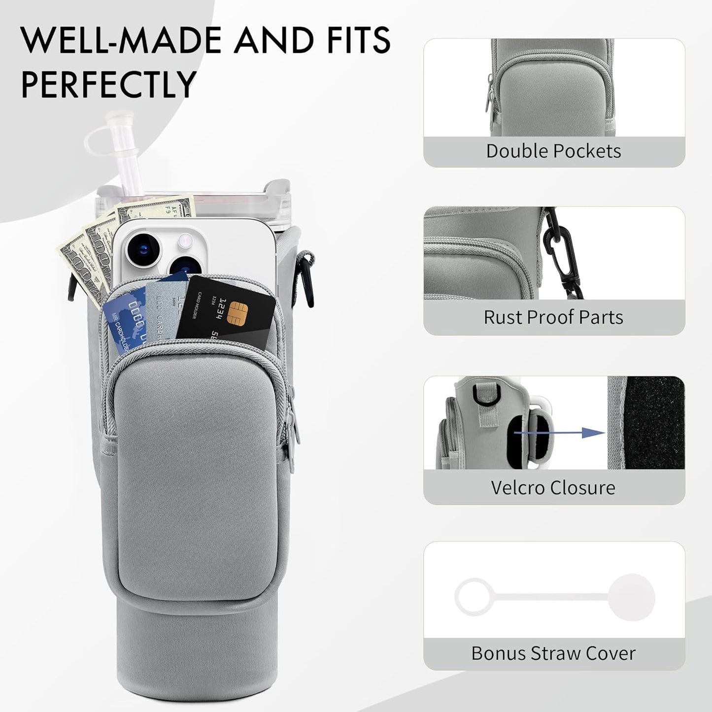 JEBEALUO Water Bottle Carrier Bag with Phone Pocket for Stanley Cup 40/30 oz, Water Bottle Holder with Adjustable Strap& Straw Cover, Stanley Cup Accessories