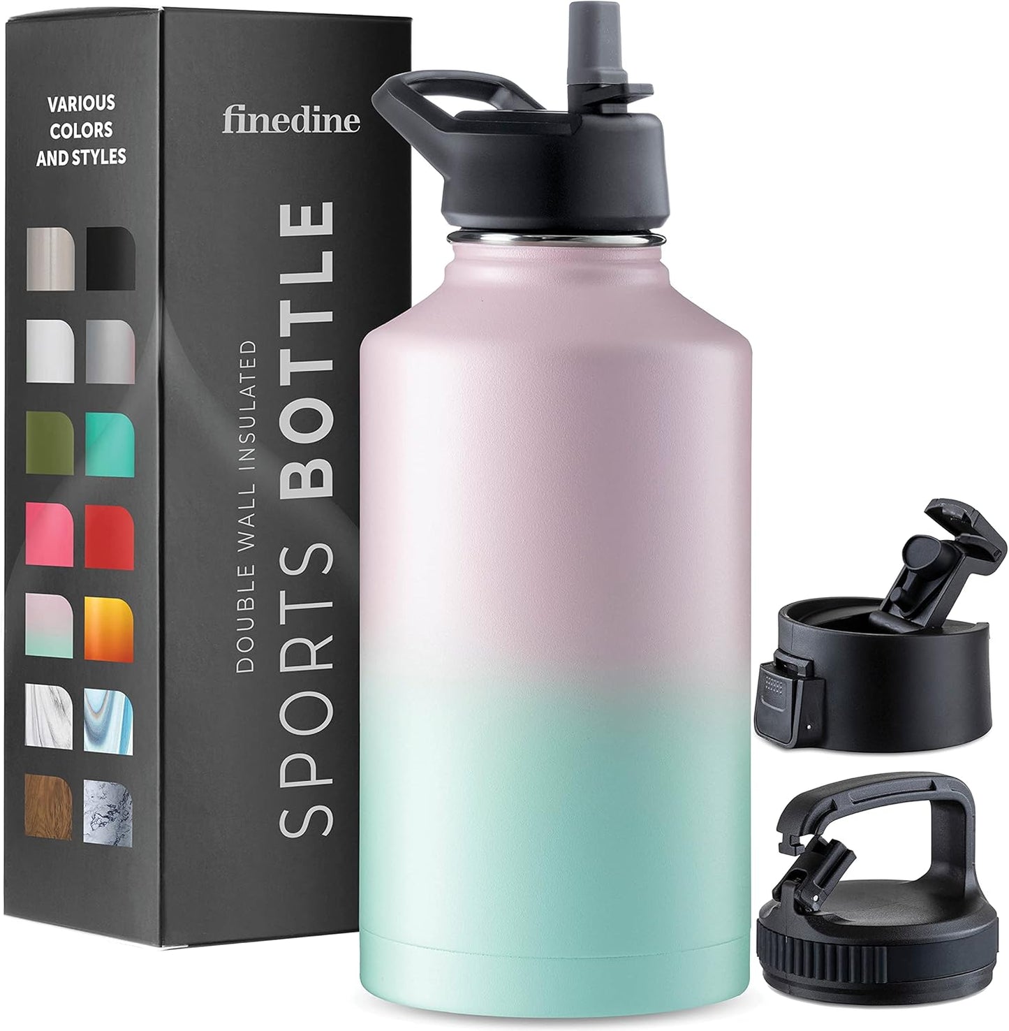 FineDine Water Bottle - Stainless Steel Insulated Water Bottle with Straw Lid, Flip Lid & Wide-Mouth Cap - Keeps Hot and Cold - 25 Oz / 739ml - Dreamy Purple