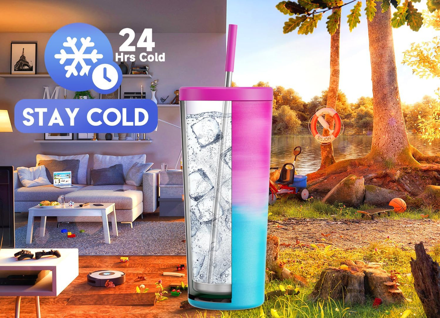 Meoky 24 oz Insulated Tumbler with Lid and Straw, Stainless Steel Vacuum Insulated Tumbler, Keeps Cold for 24 Hours, 100% Leak Proof, Fits in Car Cup Holder (Night)