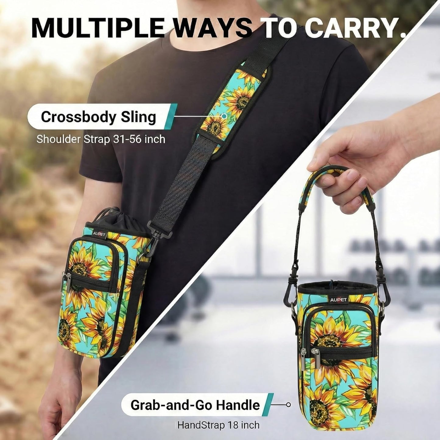 AUPET Water Bottle Sling Bag Sleeve Holder Carrier 25/32/40/64 oz,Insulated Crossbody Water Bottle Case Cover with Strap and Pockets for Men/Women Walking Hiking
