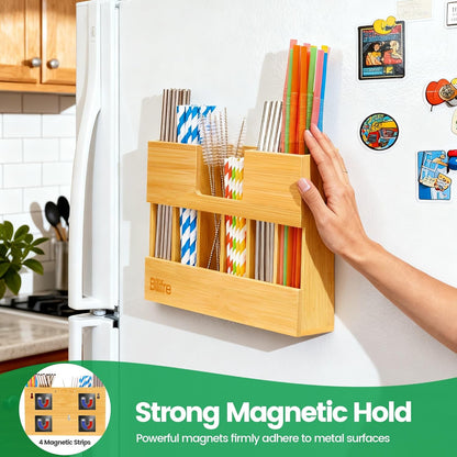 Bamboo Straw Holder Organizer for Cabinet Door, 10.8" Magnetic Straw Organizer with 6 Compartments for Long & Short Reusable Straws, Fridge, Counter & Wall Mount