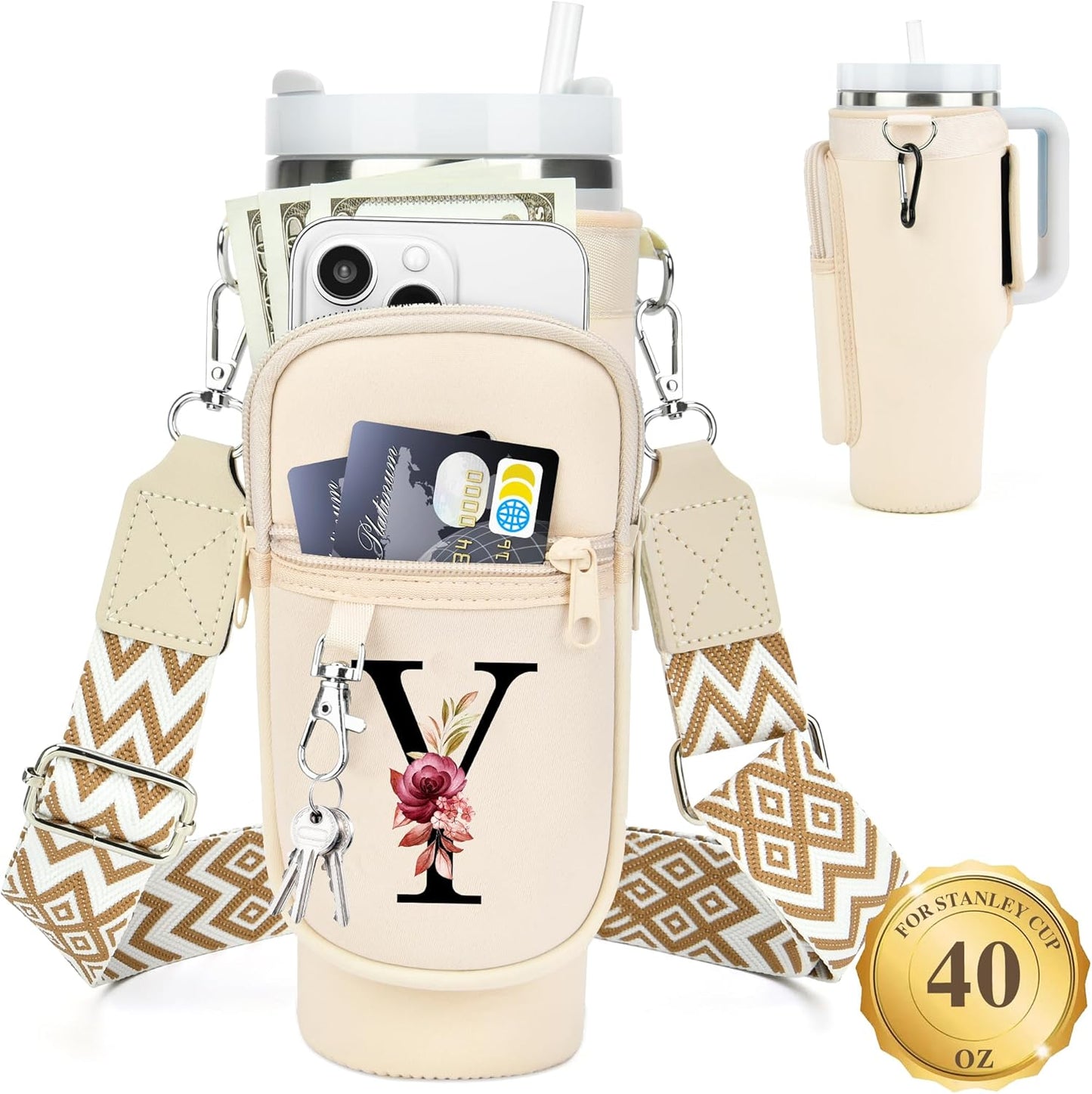 LOKASS Personalized Water Bottle Holder with Strap for Stanley Cup Accessories 40 oz, Initial for Stanley Cup Holder Carrier Bag with Phone Pocket, Stylish Tumbler Accessories for Daily Use Hands-Free