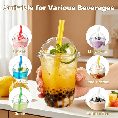 KesaPlan 50 Pack 16oz Clear Plastic Cups with Lids & Colorful Wide Straws, Disposable Smoothie Cup, Round Bottom To Go Drinking Cup for Bubble Tea, Iced Coffee, Milkshakes, Party Picnic Supply
