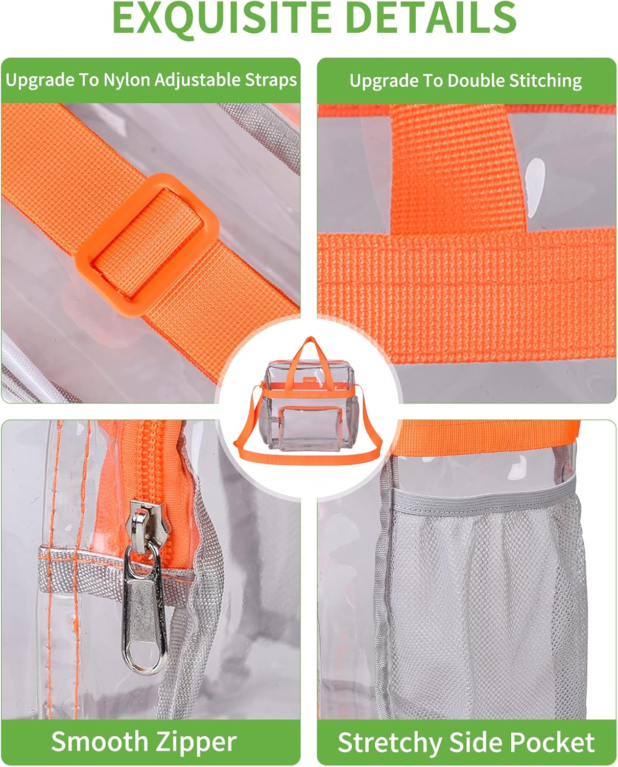 MAY TREE Clear Bag for Stadium Events, 12×5.5×12 Clear Tote Lunch Bag with Non-detachable Reinforced Straps for Work, Sporting Events and Gym, Black