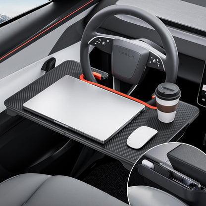 YONZEE 2-in-1 Car Steering Wheel Desk Tray & Car Seat Gap Filler Organizer – Foldable Carbon Fiber Look Table for Laptop, Eating Food, Writing – for Standard Round Steering Wheels