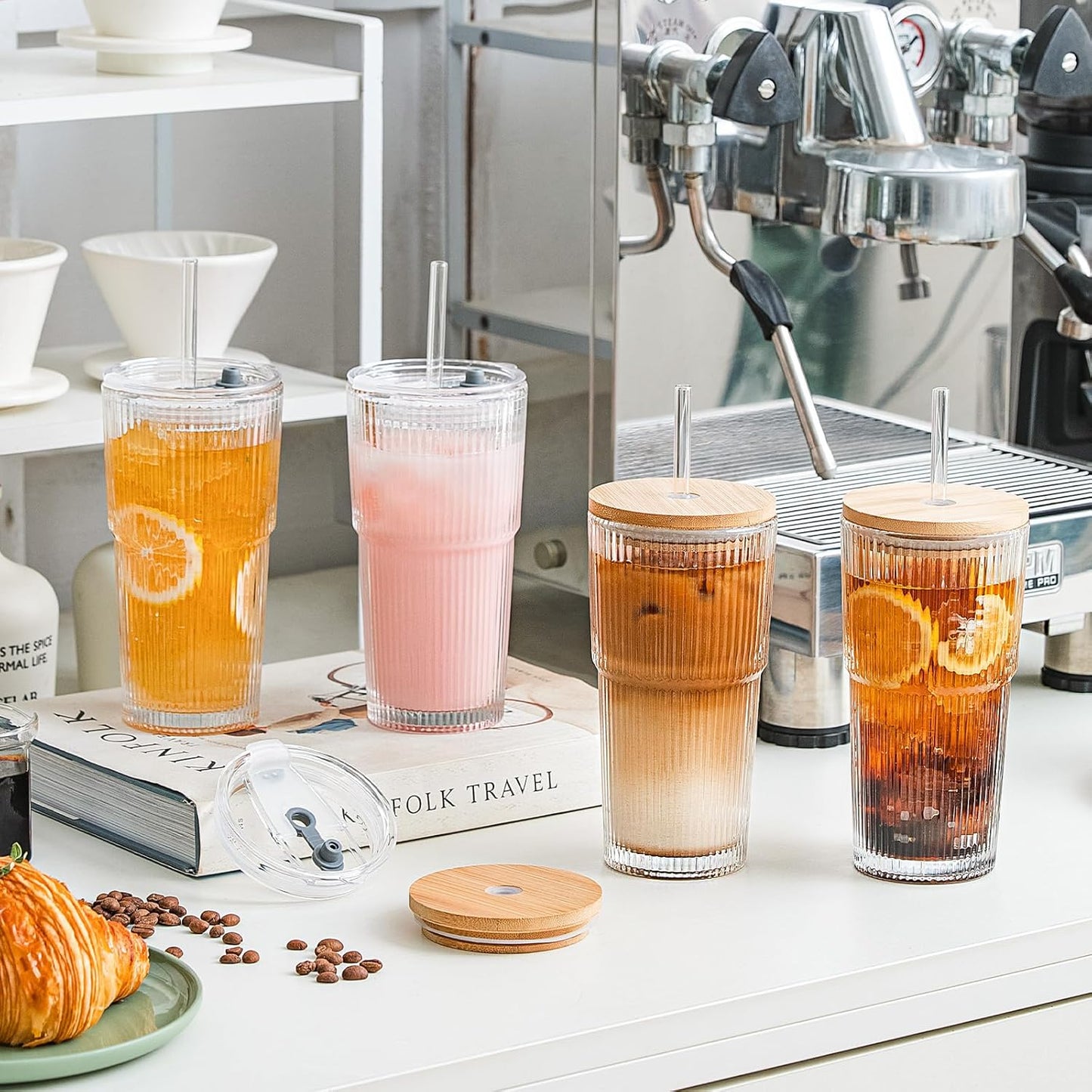 SoulTimes 20oz Glass Cups with Lids and Straws, Ribbed Glass Tumbler for Iced Coffee, Smoothie, Juice & Cold Drinks, Reusable Thick Glassware Set, Elegant Home & Travel Drinkware【2 Pack】