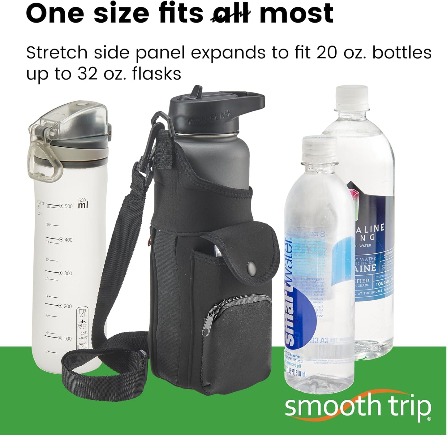 Smooth Trip Neoprene Water Bottle Sleeve with Phone Pouch - Insulated Water Bottle Holder with Storage Pockets and Padded Strap for Walking and Hiking - Fits up to 32 oz. Bottles