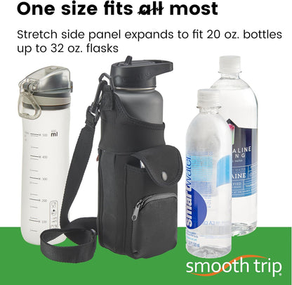 Smooth Trip Neoprene Water Bottle Sleeve with Phone Pouch - Insulated Water Bottle Holder with Storage Pockets and Padded Strap for Walking and Hiking - Fits up to 32 oz. Bottles