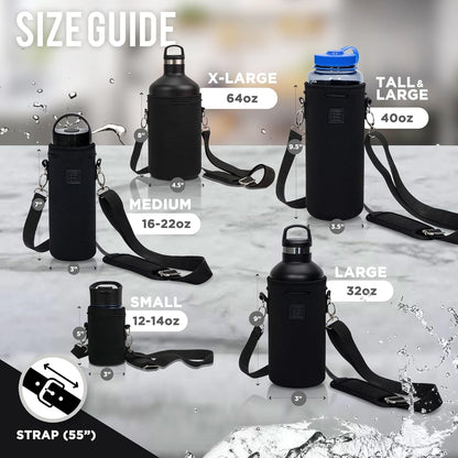 Made Easy Kit Neoprene Water Bottle Carrier Holder with Adjustable Shoulder Strap for Insulating & Carrying Water Container Canteen Flask Available in 5 Sizes (Black, M (16oz-22oz))