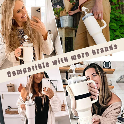 Flower Straw Covers Toppers for Stanley Cups 30&40 Oz Tumbler with Handle Accessories 4PCS Silicone Straw Caps Reusable Straws Tips Protectors for Stanley Cup 10mm 0.4in Straws,Off White