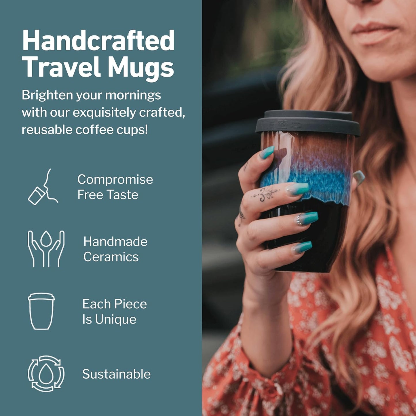 NOVA CERAMICS Coffee Tumbler – Travel Mug - On the Go Coffee Mug – Microwave & Dishwasher Safe Green Coffee Tumbler - Gifts For Women Men Him Her – 16oz – Monsoon