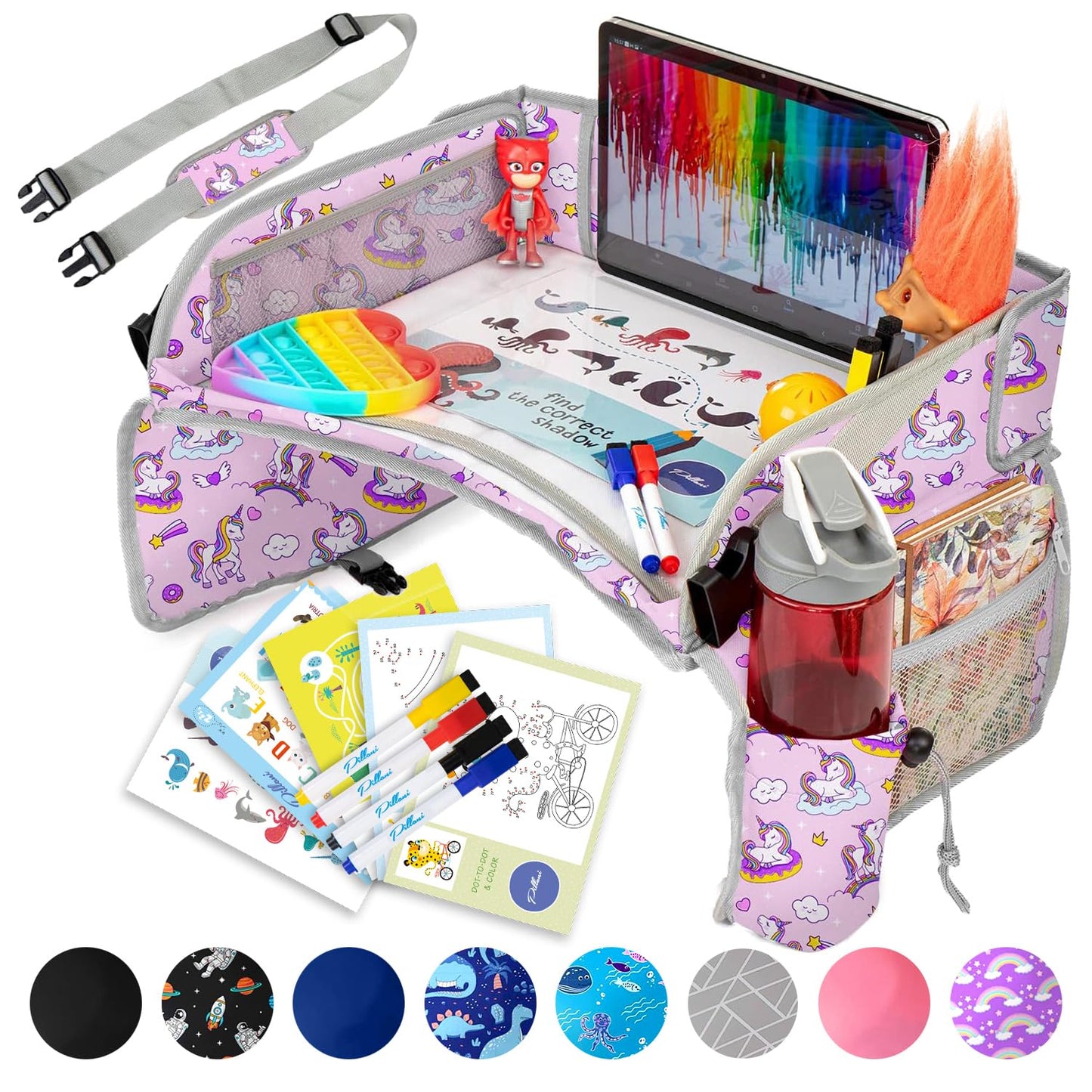 PILLANI Kids Travel Tray for Car - Car Seat Tray with Activity Sheets & Pens, Road Trip Essentials for Car & Airplane, Must Have Toddler Travel Lap Desk Accessories - Road Trip Activities for Kids