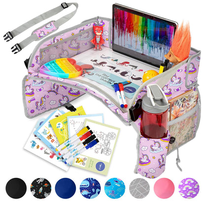 PILLANI Kids Travel Tray for Car - Car Seat Tray with Activity Sheets & Pens, Road Trip Essentials for Car & Airplane, Must Have Toddler Travel Lap Desk Accessories - Road Trip Activities for Kids