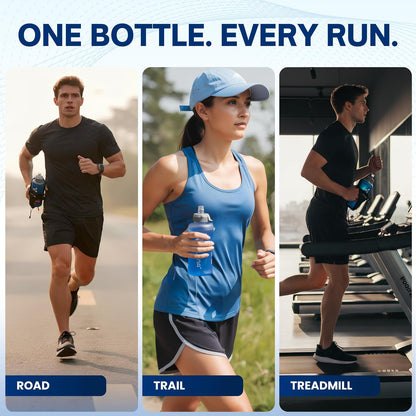 Handheld Running Water Bottle 18 oz – Grip-Free Collapsible Water Bottles for Running with Adjustable Strap & Thumbhole, Expandable Phone Pocket, Race Cap for One-Hand Drinking