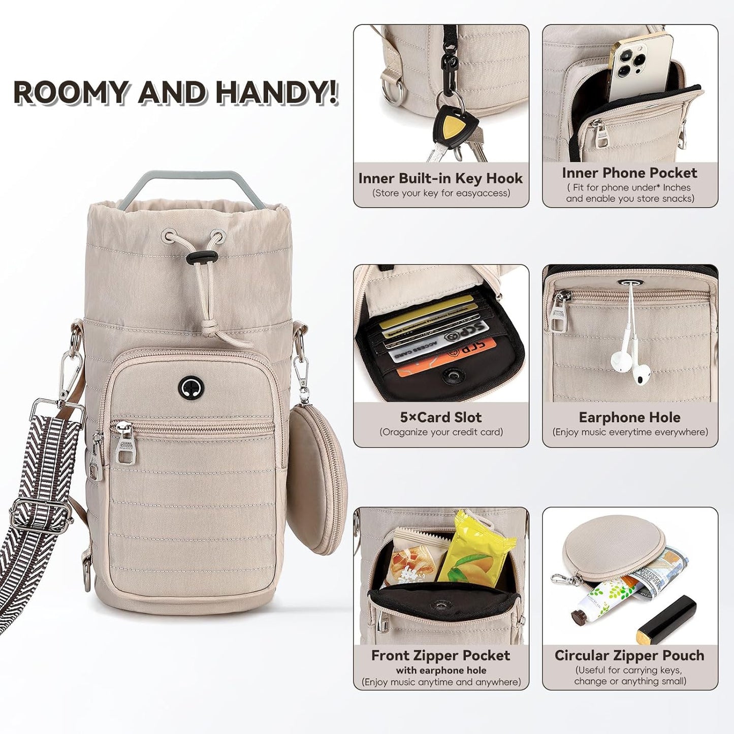 Water Bottle Carrier Bag with Strap, Sling Bag for Walking, Hiking, Cycling, Black, 40 Ounces