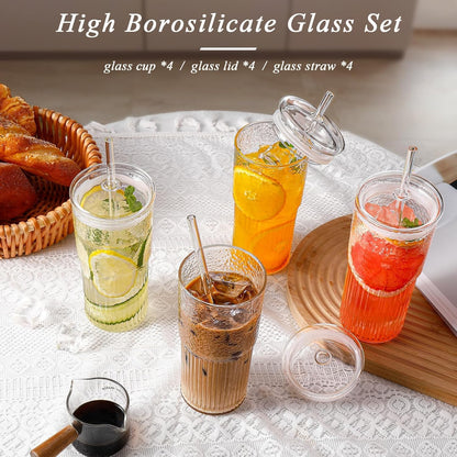 Iced Coffee Cups with Lids: Coffee Bar Accessories - Ribbed Glass Tumbler with Straw and Lid 4Pcs - 20oz Leak Proof Tumbler - Reusable Glass Cups and Tumblers with Lid and Straws for To Go Iced Coffee