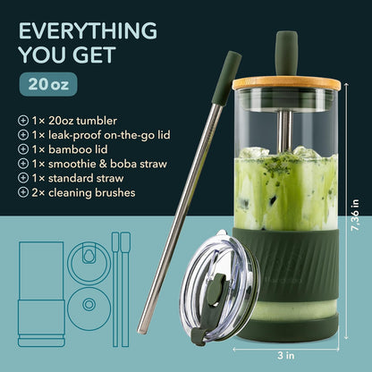 Pandaloo® Glass Cups With Lids and Straws -20 Fl Oz- Perfect Size Iced Coffee Cup - Smoothie Cup With Bamboo Lid and On the go Lid - Glass Tumbler With Straw (1 Count (Pack of 1), Lilac Rhapsody)