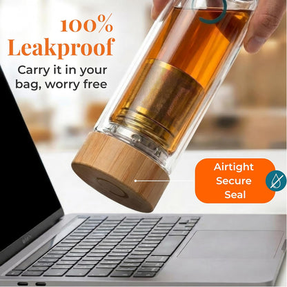 Leakproof Tea Infuser Bottle with Stainless Steel Filter - Insulated Double Wall Tea Tumbler with Infuser for Loose Leaf, Herbal Infusions and Fruit Infused Water - Travel Mug with Bamboo Lid - 15 oz