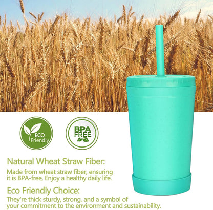 Homestockplus Reusable Wheat Straw Cups with Lids and Silicone Straws, 10 Oz Chip Resistant E-Co Friendly Small Water Cups for Milk, Drinks, Smoothies - 4 Colors