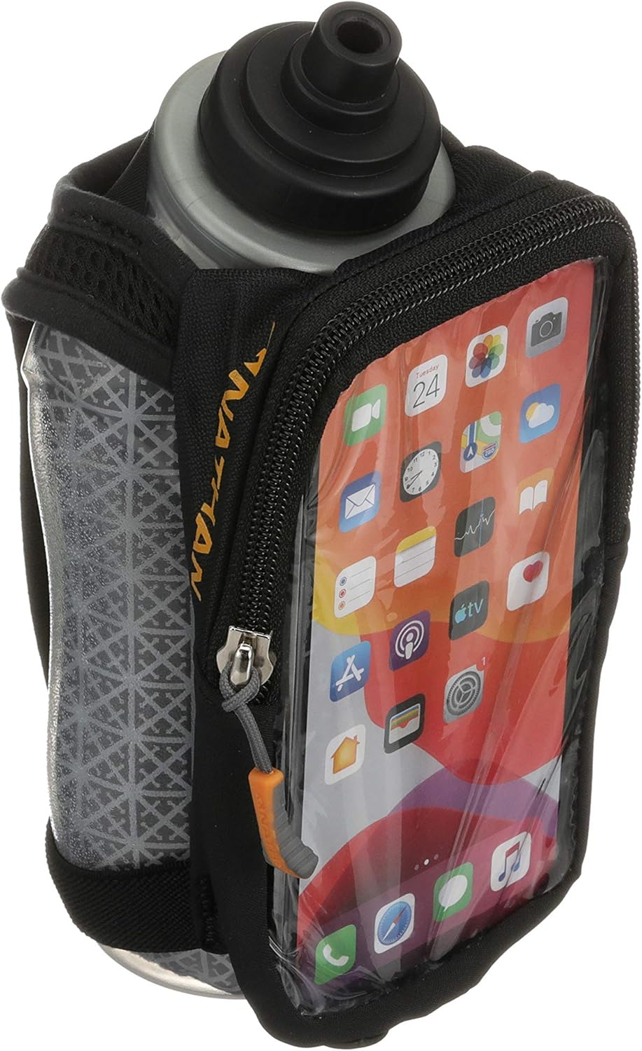 Nathan SpeedDraw 2 Insulated Handheld Running Water Bottle Flask 18oz – Double-Wall Insulation, Ergonomic Grip, Blast Valve Cap, Phone & Key Storage Pockets, Reflective Design