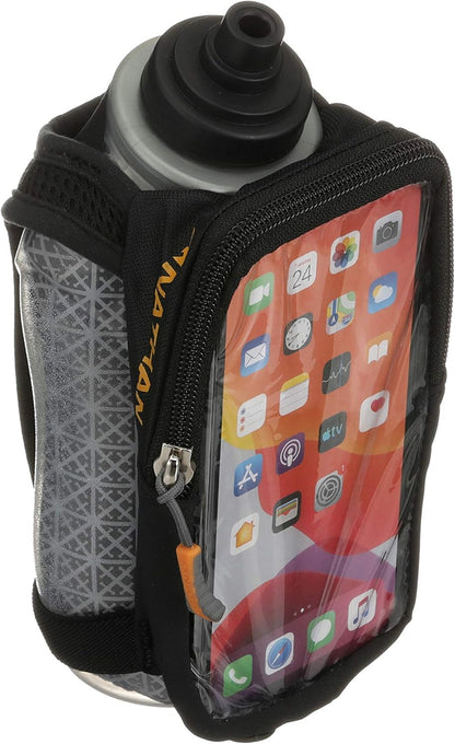 Nathan SpeedDraw 2 Insulated Handheld Running Water Bottle Flask 18oz – Double-Wall Insulation, Ergonomic Grip, Blast Valve Cap, Phone & Key Storage Pockets, Reflective Design